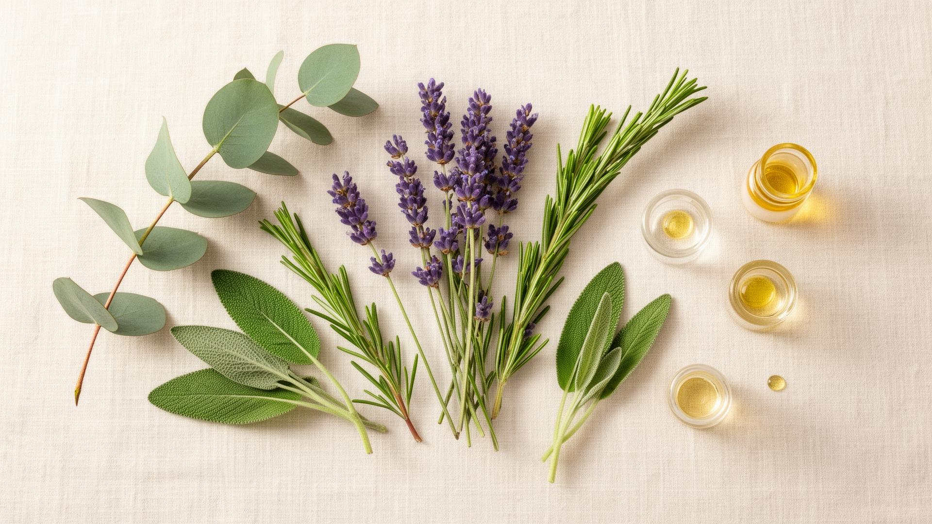 Plantes aromatiques fraîches : lavande, romarin, sauge et eucalyptus